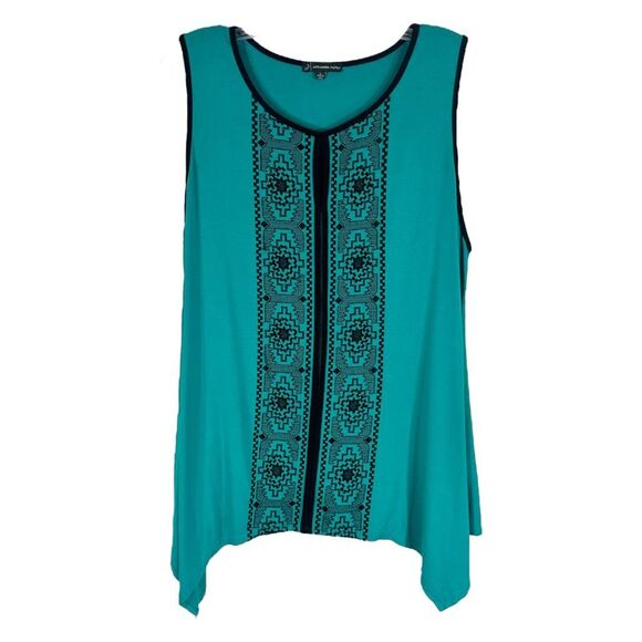 Adrianna Papell Large Tank Top Handkerchief Hem Green Black Embroidered 582 - Picture 1 of 6